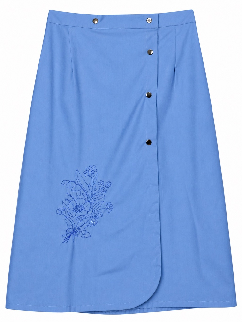 Handmade Blue Floral Embroidered Wrap Skirt Small Snap Button Elastic Waist